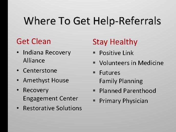 Where To Get Help-Referrals Get Clean Stay Healthy • Indiana Recovery Alliance • Centerstone