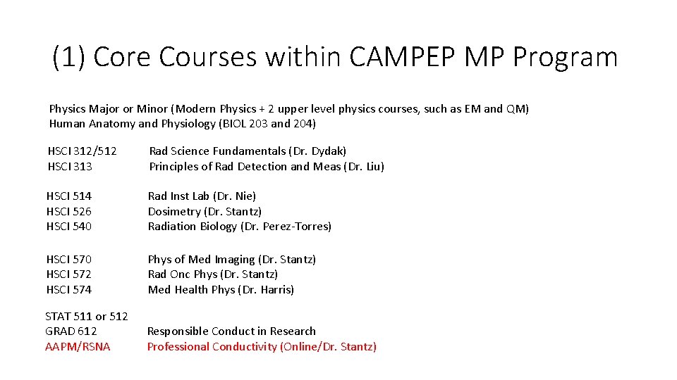 (1) Core Courses within CAMPEP MP Program Physics Major or Minor (Modern Physics +