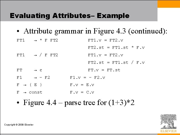 Evaluating Attributes– Example • Attribute grammar in Figure 4. 3 (continued): FT 1 →