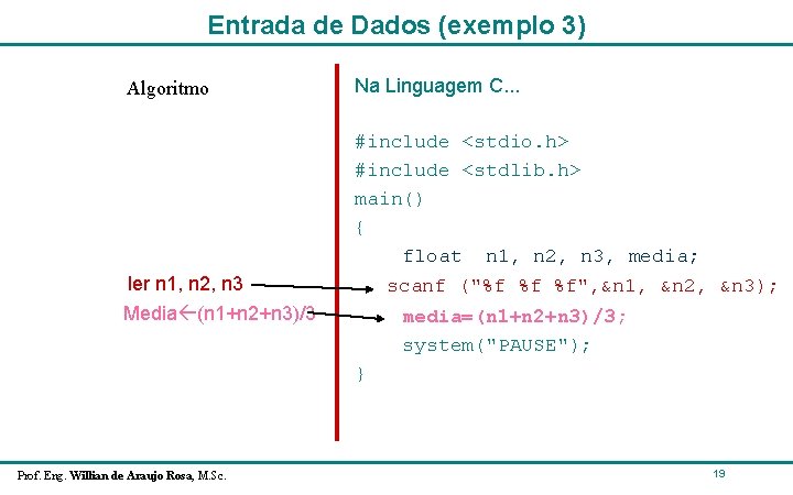 Entrada de Dados (exemplo 3) Algoritmo ler n 1, n 2, n 3 Media Entrada de Dados (exemplo 3) Algoritmo ler n 1, n 2, n 3 Media