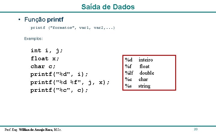 Saída de Dados • Função printf ("formatos", var 1, var 2, . . . Saída de Dados • Função printf ("formatos", var 1, var 2, . . .