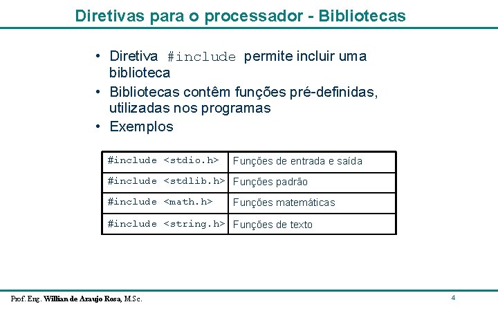 Diretivas para o processador - Bibliotecas • Diretiva #include permite incluir uma biblioteca • Diretivas para o processador - Bibliotecas • Diretiva #include permite incluir uma biblioteca •
