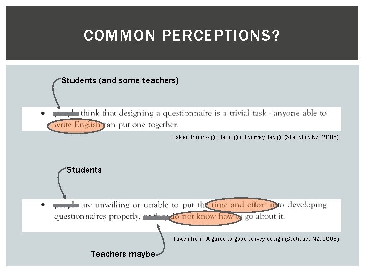 COMMON PERCEPTIONS? Students (and some teachers) Taken from: A guide to good survey design
