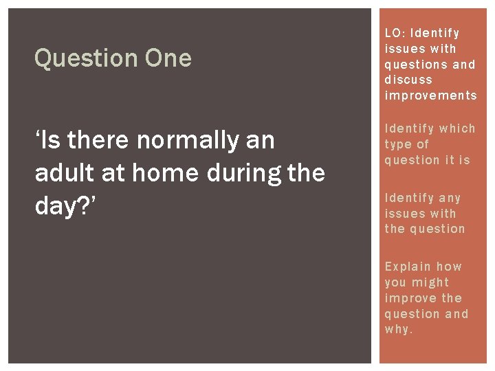 Question One ‘Is there normally an adult at home during the day? ’ LO: