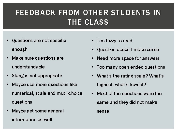 FEEDBACK FROM OTHER STUDENTS IN THE CLASS • Questions are not specific enough •