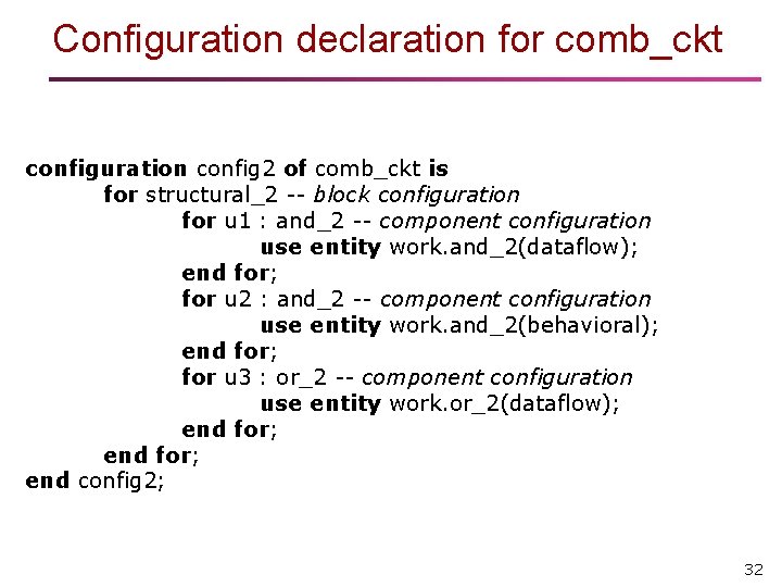 Configuration declaration for comb_ckt configuration config 2 of comb_ckt is for structural_2 -- block
