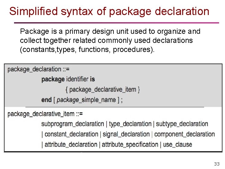 Simplified syntax of package declaration Package is a primary design unit used to organize