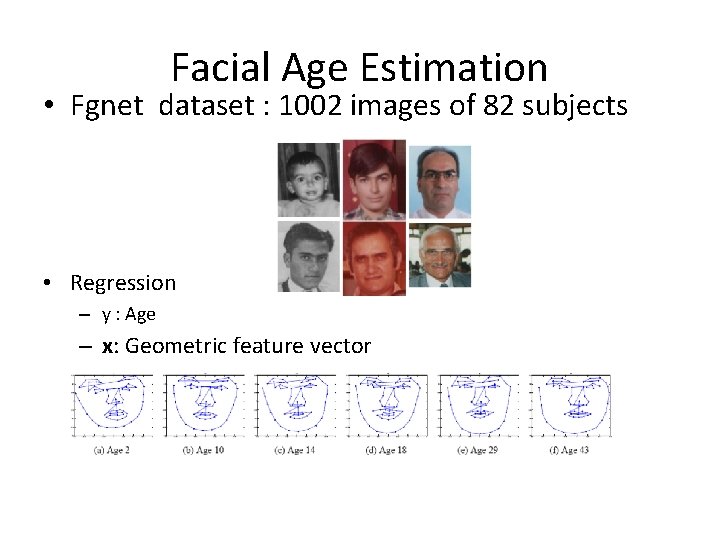 Facial Age Estimation • Fgnet dataset : 1002 images of 82 subjects • Regression