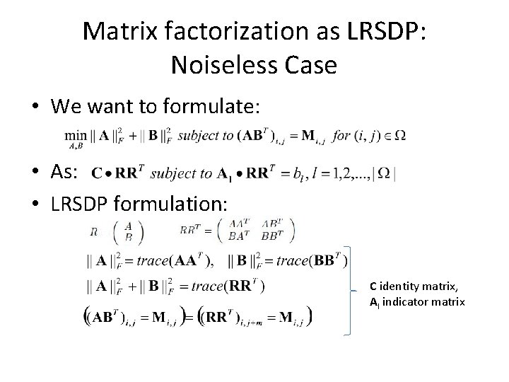 Matrix factorization as LRSDP: Noiseless Case • We want to formulate: • As: •