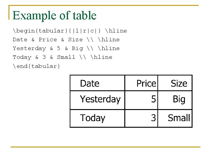 Example of table begin{tabular}{|l|r|c|} hline Date & Price & Size \ hline Yesterday &