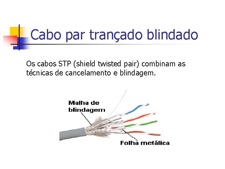 Cabo par trançado blindado Os cabos STP (shield twisted pair) combinam as técnicas de