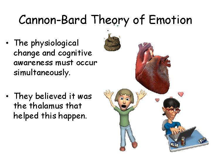 Cannon-Bard Theory of Emotion • The physiological change and cognitive awareness must occur simultaneously.