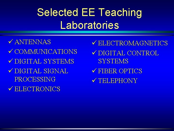 Selected EE Teaching Laboratories ü ANTENNAS ü COMMUNICATIONS ü DIGITAL SYSTEMS ü DIGITAL SIGNAL