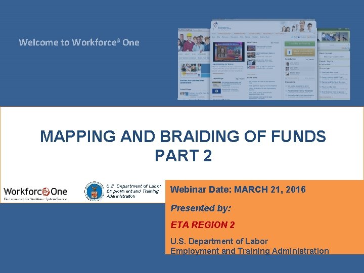 Welcome to Workforce 3 One MAPPING AND BRAIDING OF FUNDS PART 2 U. S.