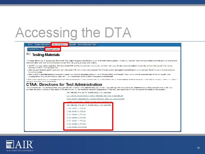 Accessing the DTA 16 Accessing the DTA 16
