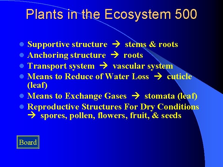 Plants in the Ecosystem 500 Supportive structure stems & roots Anchoring structure roots Transport Plants in the Ecosystem 500 Supportive structure stems & roots Anchoring structure roots Transport