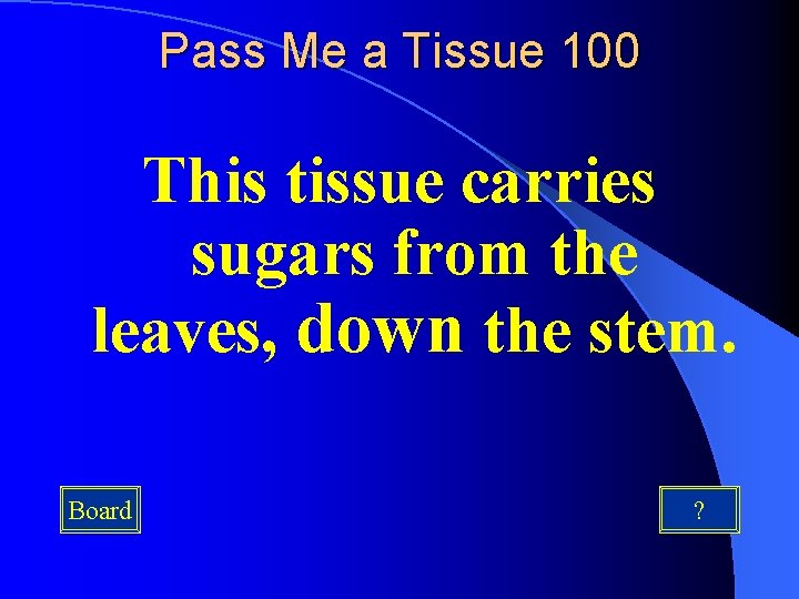 Pass Me a Tissue 100 This tissue carries sugars from the leaves, down the