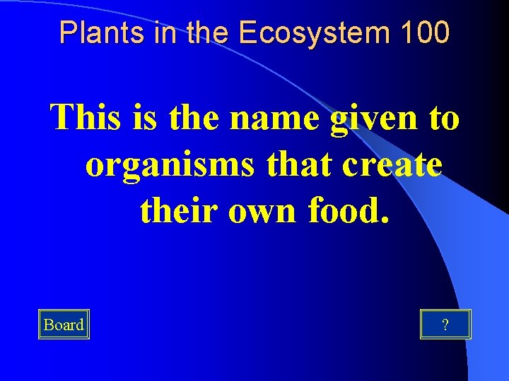 Plants in the Ecosystem 100 This is the name given to organisms that create