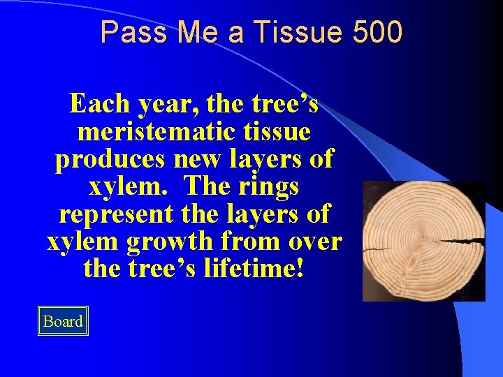 Pass Me a Tissue 500 Each year, the tree’s meristematic tissue produces new layers