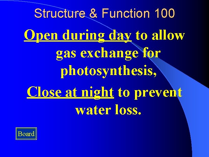 Structure & Function 100 Open during day to allow gas exchange for photosynthesis, Close
