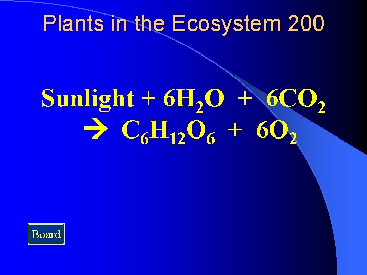 Plants in the Ecosystem 200 Sunlight + 6 H 2 O + 6 CO