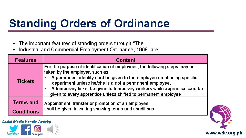 Standing Orders of Ordinance • The important features of standing orders through “The •