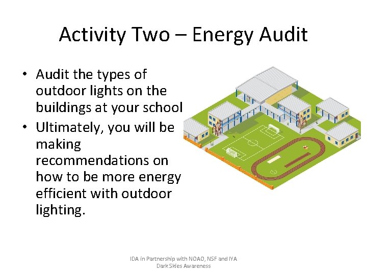 Activity Two – Energy Audit • Audit the types of outdoor lights on the