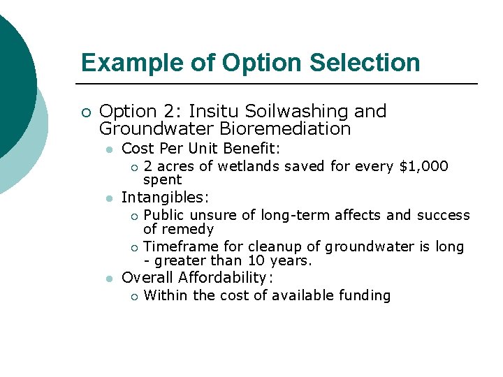 Example of Option Selection ¡ Option 2: Insitu Soilwashing and Groundwater Bioremediation l l