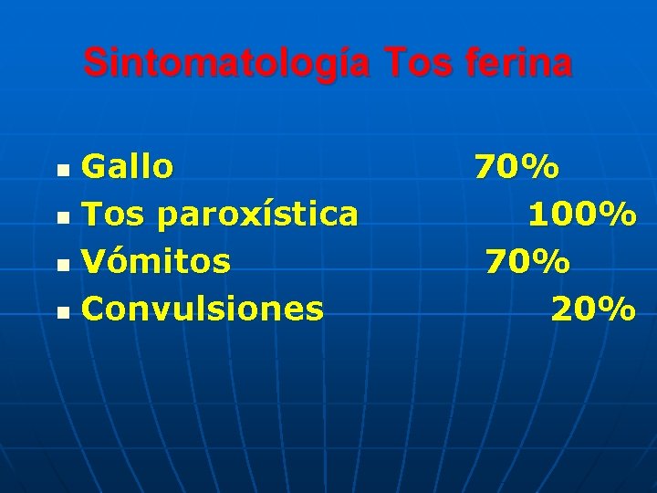 Sintomatología Tos ferina Gallo n Tos paroxística n Vómitos n Convulsiones n 70% 100% Sintomatología Tos ferina Gallo n Tos paroxística n Vómitos n Convulsiones n 70% 100%