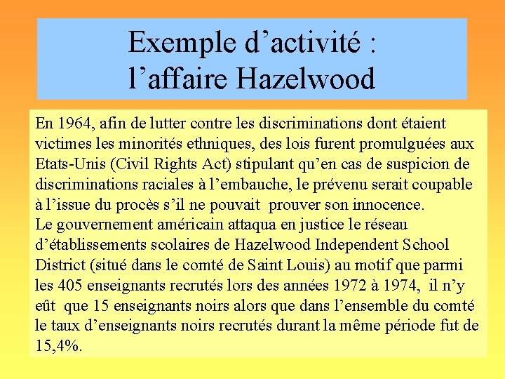 Exemple d’activité : l’affaire Hazelwood En 1964, afin de lutter contre les discriminations dont