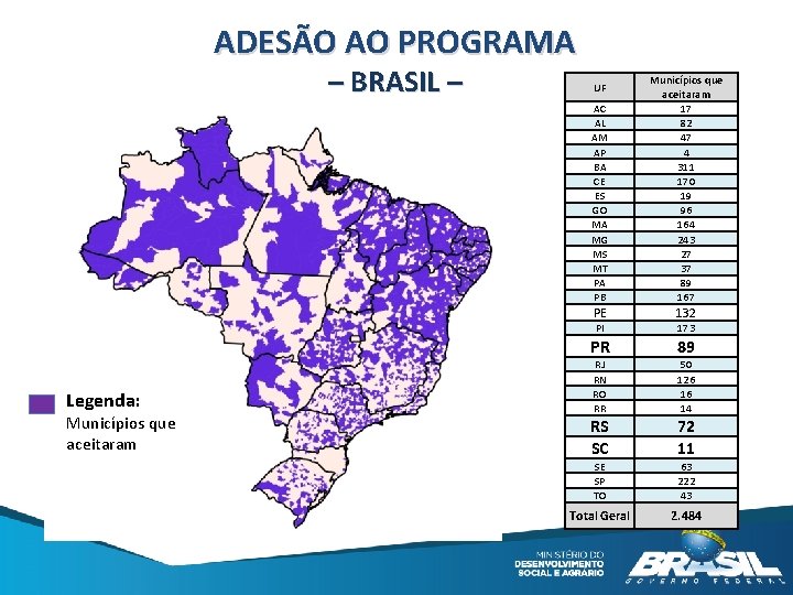 ADESÃO AO PROGRAMA – BRASIL – Legenda: Municípios que aceitaram AC AL AM AP
