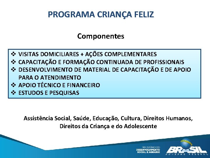 PROGRAMA CRIANÇA FELIZ Componentes v VISITAS DOMICILIARES + AÇÕES COMPLEMENTARES v CAPACITAÇÃO E FORMAÇÃO