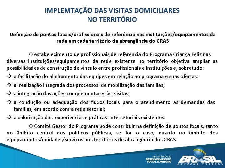 IMPLEMTAÇÃO DAS VISITAS DOMICILIARES NO TERRITÓRIO Definição de pontos focais/profissionais de referência nas instituições/equipamentos