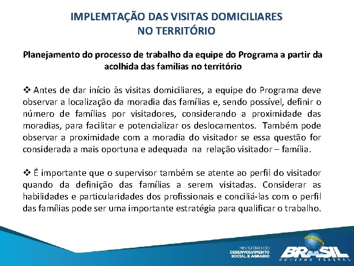 IMPLEMTAÇÃO DAS VISITAS DOMICILIARES NO TERRITÓRIO Planejamento do processo de trabalho da equipe do