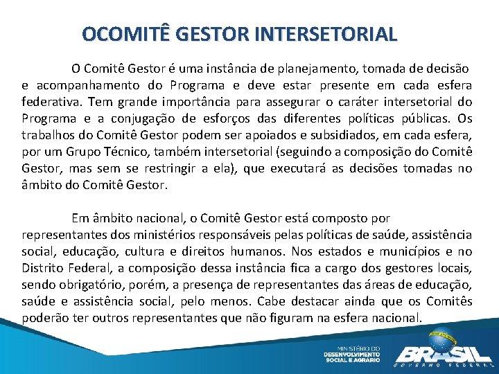 OCOMITÊ GESTOR INTERSETORIAL O Comitê Gestor é uma instância de planejamento, tomada de decisão