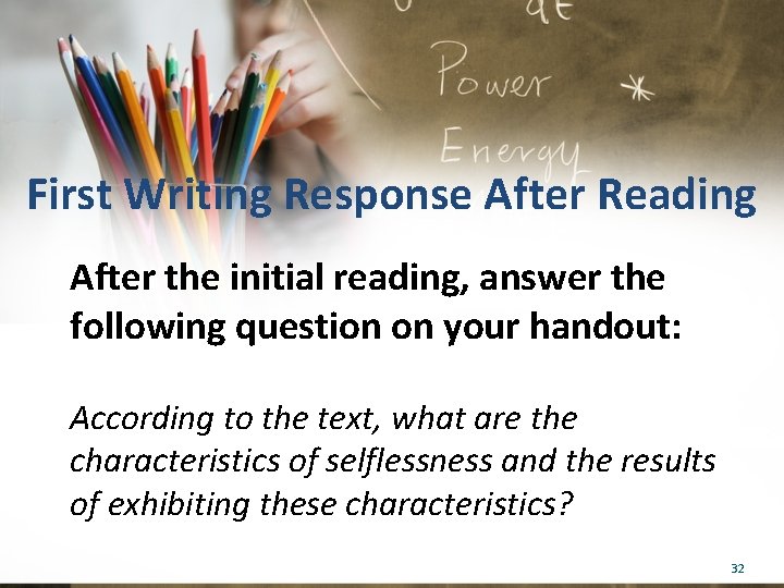 First Writing Response After Reading After the initial reading, answer the following question on