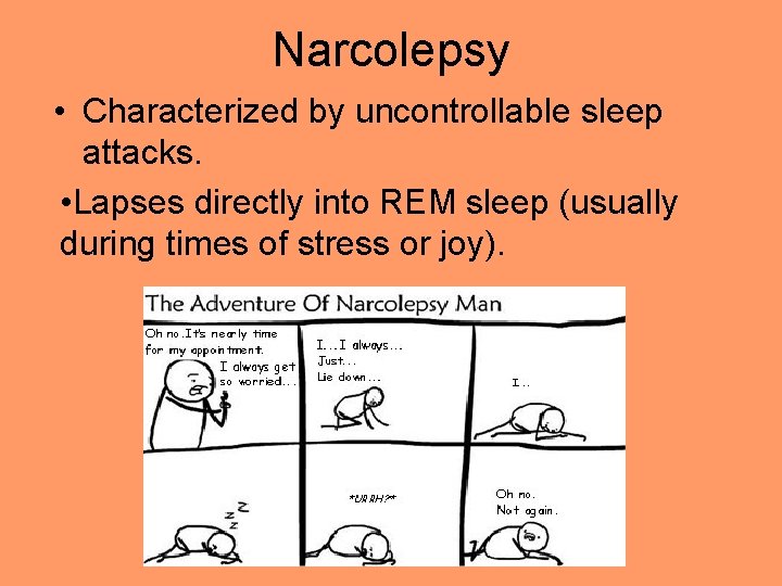 Narcolepsy • Characterized by uncontrollable sleep attacks. • Lapses directly into REM sleep (usually