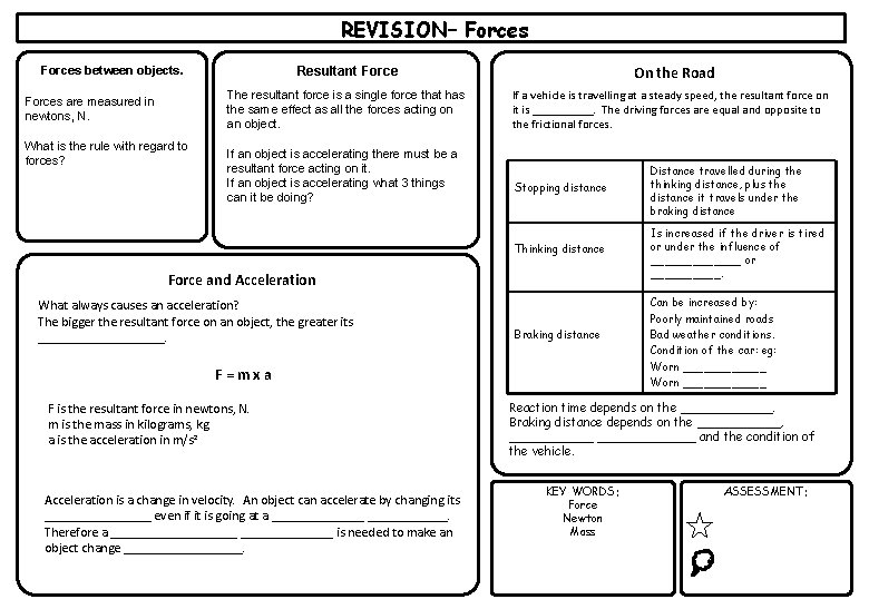 REVISION– Forces between objects. The resultant force is a single force that has the