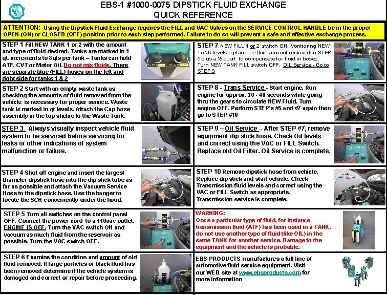 EBS-1 #1000 -0075 DIPSTICK FLUID EXCHANGE QUICK REFERENCE ATTENTION: Using the Dipstick Fluid Exchange