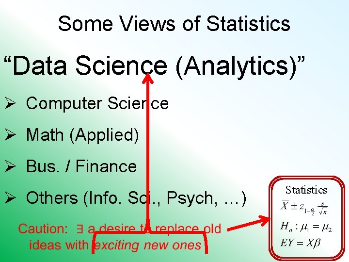 Some Views of Statistics “Data Science (Analytics)” Ø Computer Science Ø Math (Applied) Ø