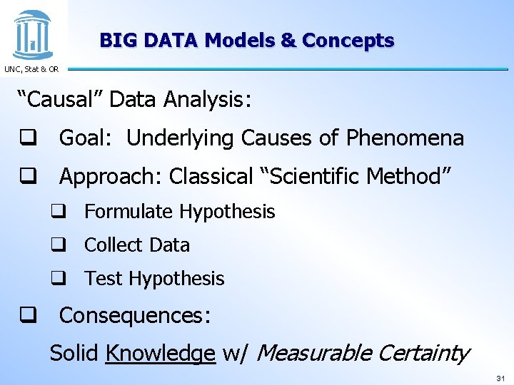 BIG DATA Models & Concepts UNC, Stat & OR “Causal” Data Analysis: q Goal: