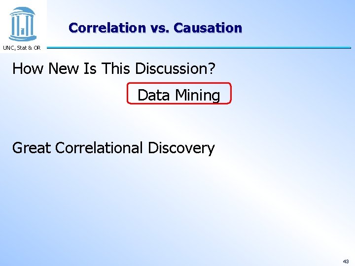 Correlation vs. Causation UNC, Stat & OR How New Is This Discussion? Data Mining