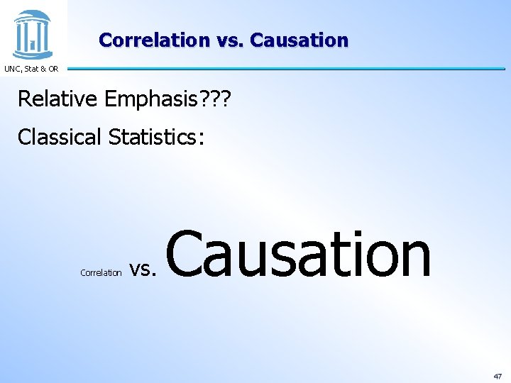 Correlation vs. Causation UNC, Stat & OR Relative Emphasis? ? ? Classical Statistics: Correlation