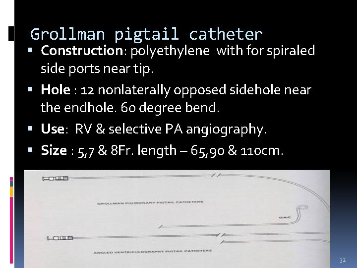 Grollman pigtail catheter Construction: polyethylene with for spiraled side ports near tip. Hole : Grollman pigtail catheter Construction: polyethylene with for spiraled side ports near tip. Hole :