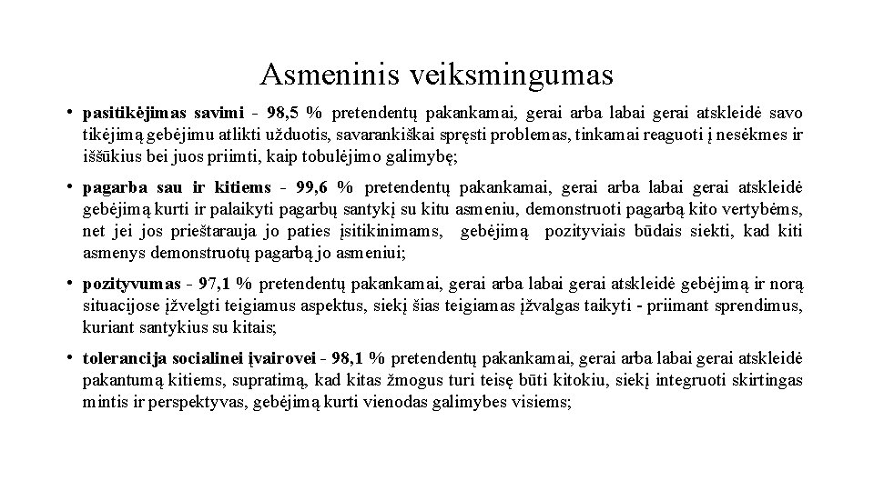 Asmeninis veiksmingumas • pasitikėjimas savimi - 98, 5 % pretendentų pakankamai, gerai arba labai