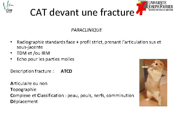 CAT devant une fracture PARACLINIQUE • Radiographie standards face + profil strict, prenant l’articulation