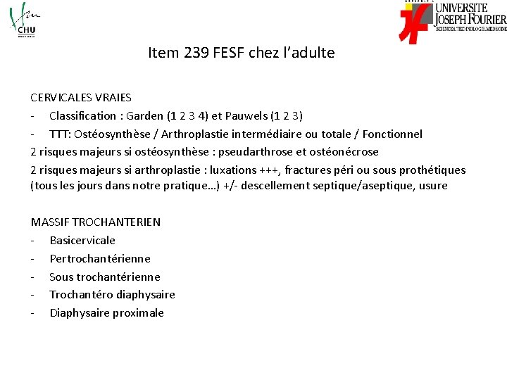 Item 239 FESF chez l’adulte CERVICALES VRAIES - Classification : Garden (1 2 3