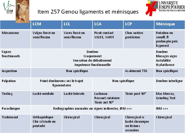 Item 257 Genou ligaments et ménisques Mécanisme LCM LCL LCA LCP Ménisque Valgus forcé