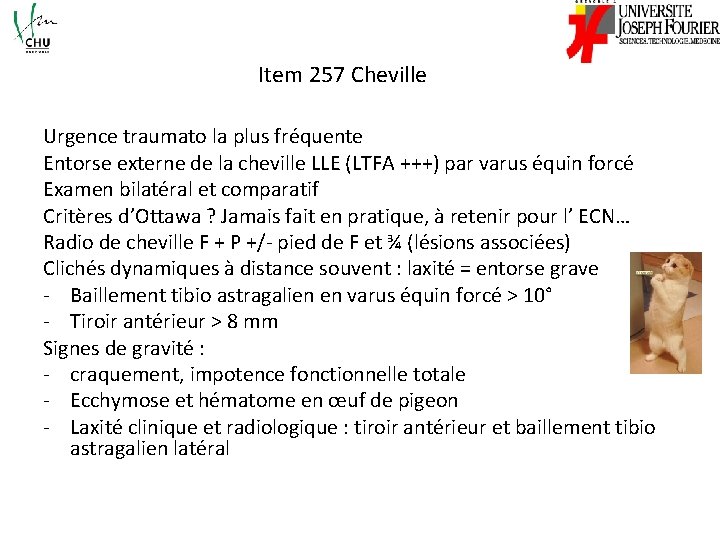 Item 257 Cheville Urgence traumato la plus fréquente Entorse externe de la cheville LLE
