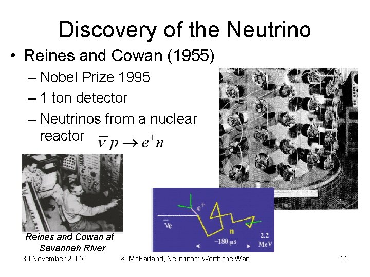 Discovery of the Neutrino • Reines and Cowan (1955) – Nobel Prize 1995 –